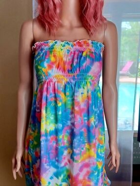 OP Multicolor Tie-Dye Strapless Beach Cover Up